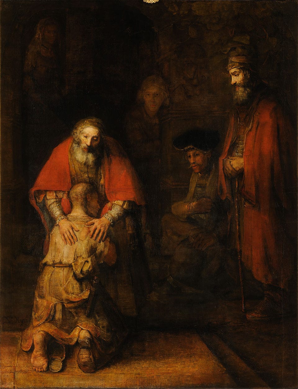 An aged bearded father in a red cloak places both hands gently on the back of his kneeling son, whose head is buried against his chest, in a dimly lit Baroque interior with three onlookers watching from the shadows.