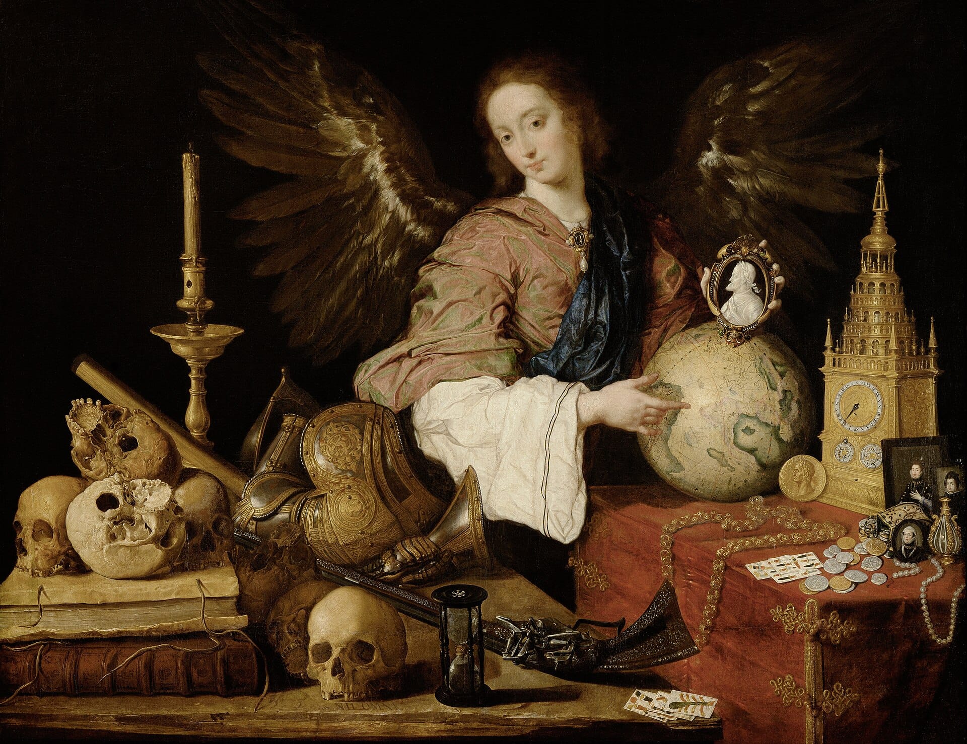 A Baroque allegorical painting: a winged female figure seated at a cluttered table holds a cameo portrait and rests a hand on a globe, surrounded by three skulls, an ornate suit of armor, a candle, an hourglass, a clock-tower, playing cards, coins, pearls, and miniature portraits.
