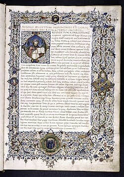 An illuminated fifteenth-century manuscript page of Augustine's De Civitate Dei, with ornate blue and gold borders, a miniature portrait of Augustine in bishop's vestments, and dense Latin text in humanist script.