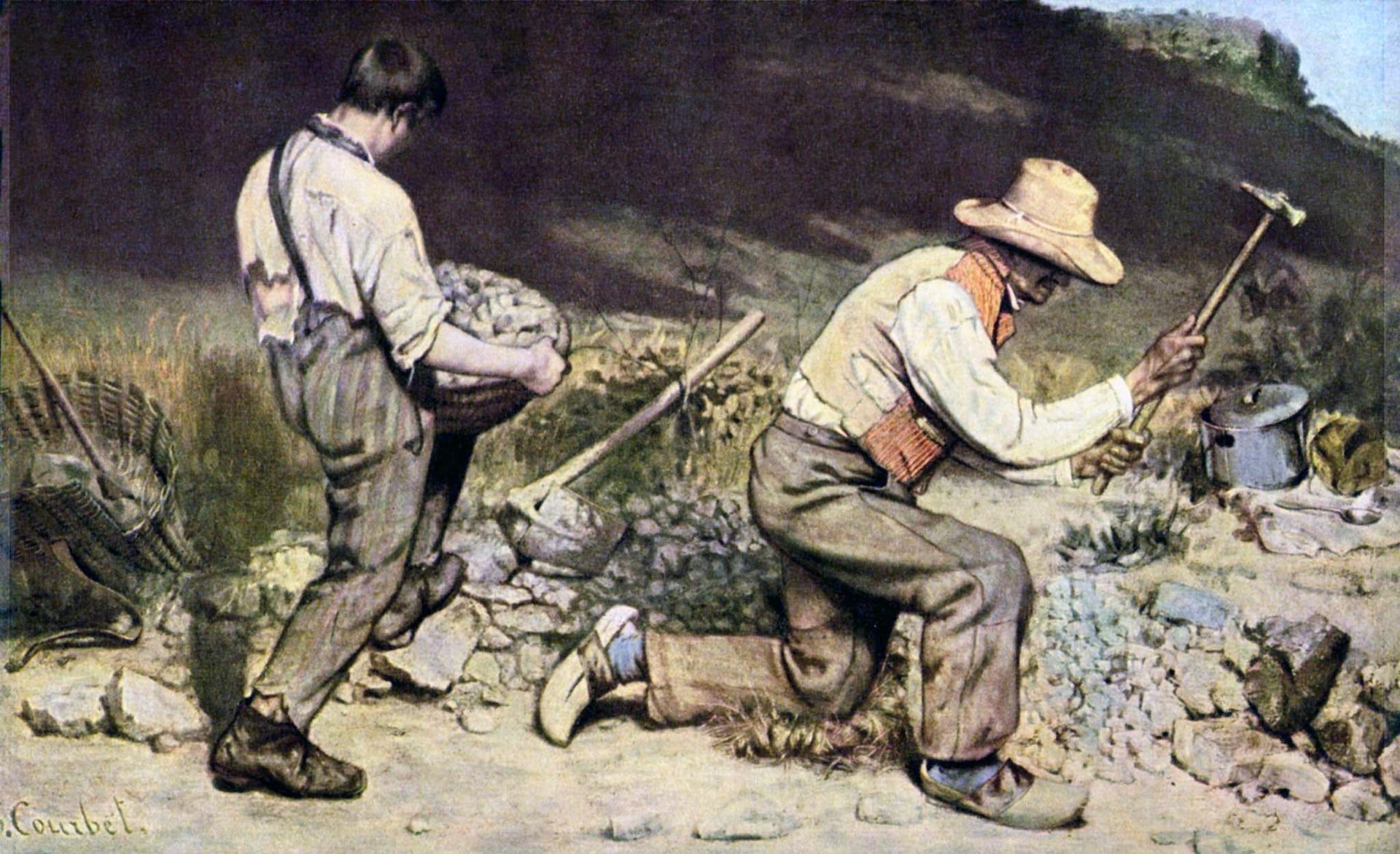 Two laborers in worn clothing break and carry stones on rocky ground—one kneeling with a hammer, the other standing with his back turned, carrying a basket.