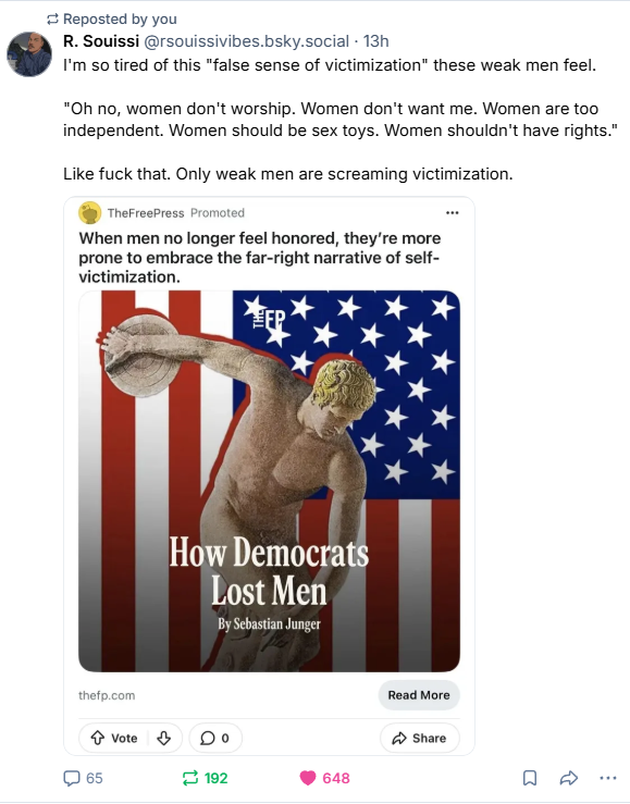 R. Souissi posts on a Free Press article on Bluesky: "I'm so tired of this 'false sense of victimization' these weak men feel. Only weak men are screaming victimization."