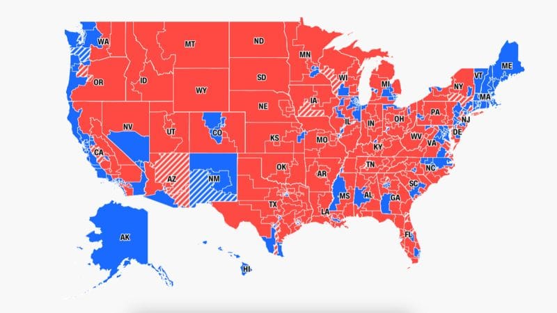 A map of the United States colored by congressional district showing 2022 House election results, with most land area shown in red and blue districts clustered in urban centers, the coasts, and the Northeast.
