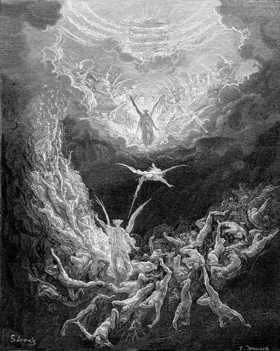 Wood engraving showing a celestial figure with raised arms surrounded by angels in the clouds above, a winged herald descending in the middle distance with a horn, and crowds of nude human figures rising or falling against a chasm of flame at the lower left.
