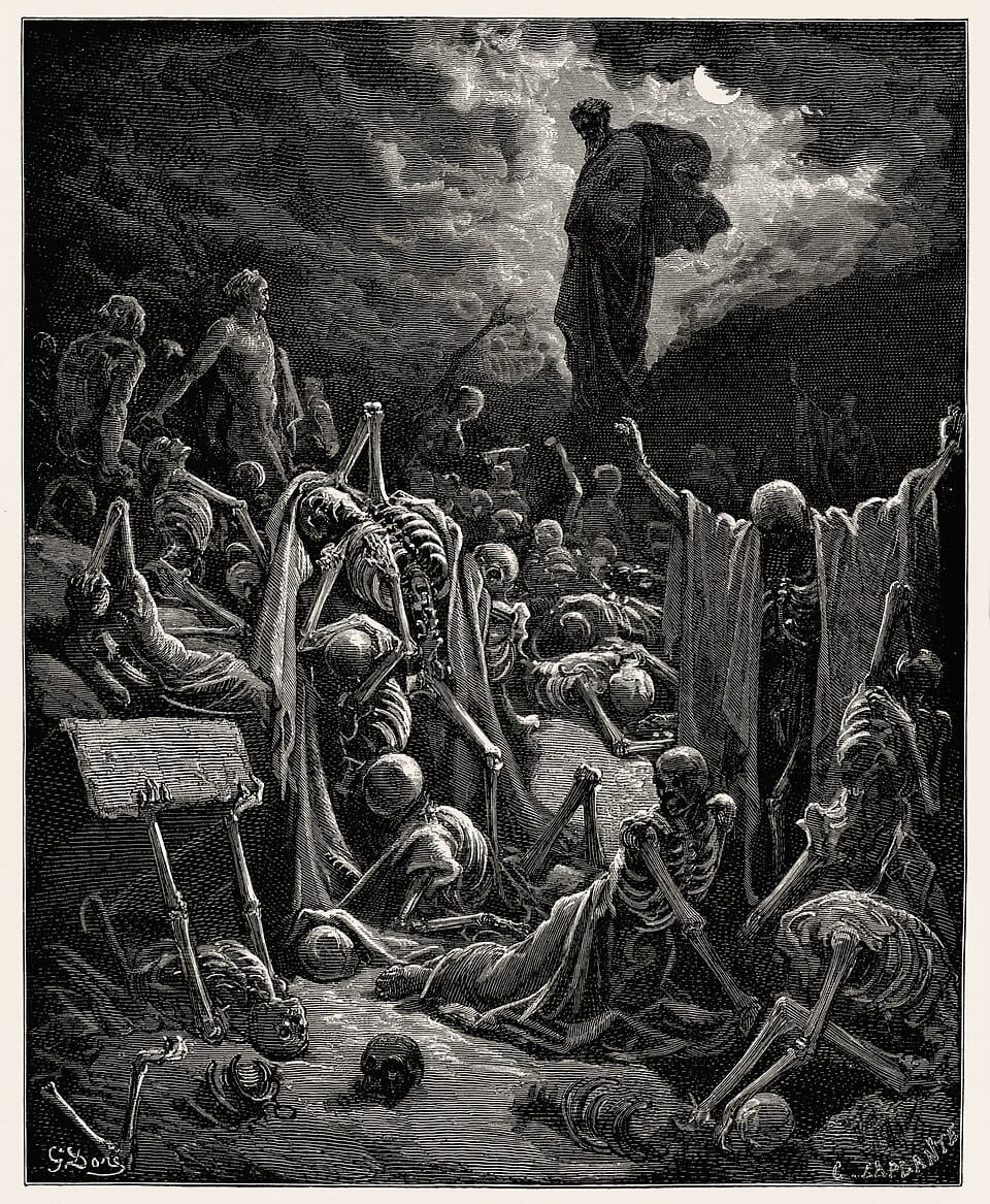 Wood engraving showing a robed prophet standing on a height beneath a moonlit sky, gazing down over a vast plain crowded with skeletal figures and scattered bones, some assembling themselves upright, with a parchment scroll in the foreground.