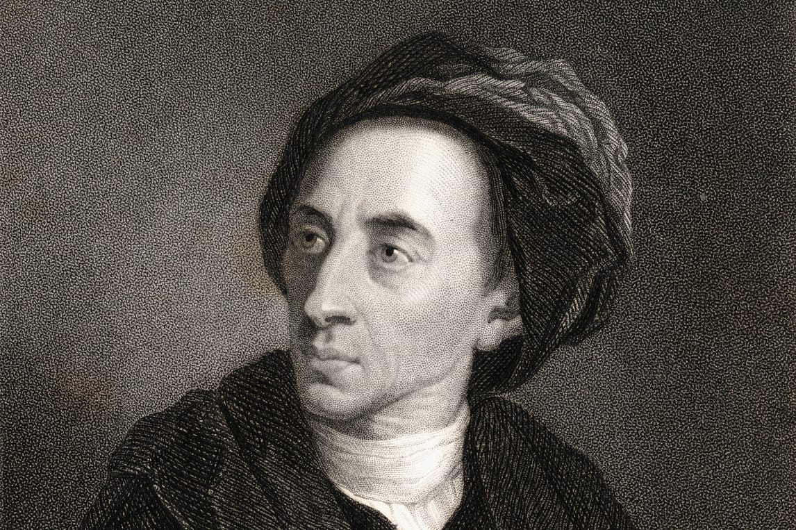 A stipple engraving portrait of Alexander Pope, head and shoulders. He wears a soft dark cap or turban and a dark coat with a white cravat at the throat. His face is turned three-quarters to the viewer.