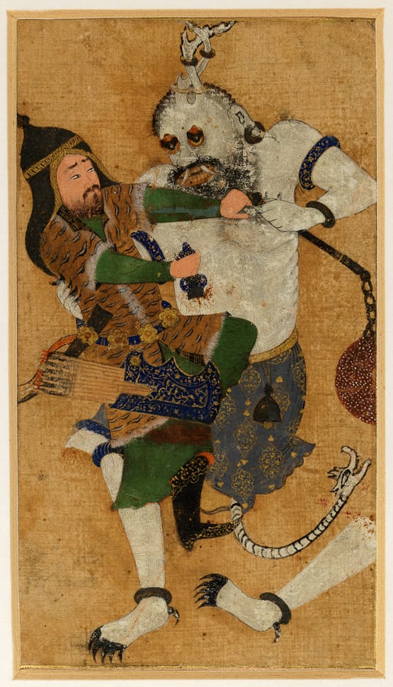 Persian miniature of the hero Rostam in a tiger-skin coat and pointed cap, grappling and stabbing a large white horned demon, the White Div.
