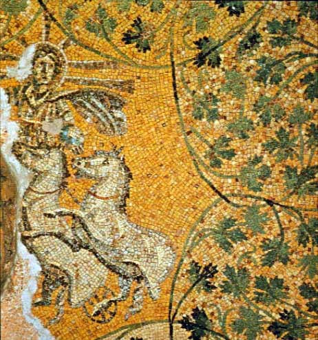 Ancient mosaic of Christ as a sun god, haloed with radiating sunbeams and riding a horse-drawn chariot, against a background of golden vine leaves.