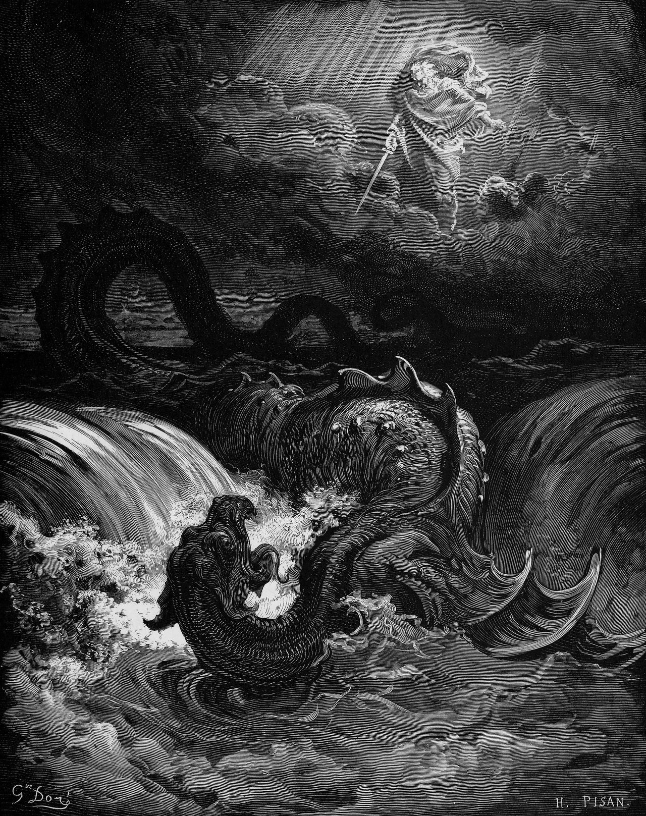 A dramatic black-and-white engraving: a radiant robed figure in the clouds wields a sword above a massive serpentine sea-monster writhing in turbulent waves.