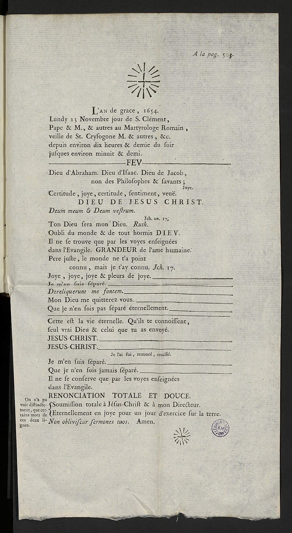 A printed 18th-century page headed by a small radiant cross, reproducing the French and Latin text of Pascal's Mémorial, including the line beginning "Dieu d'Abraham."