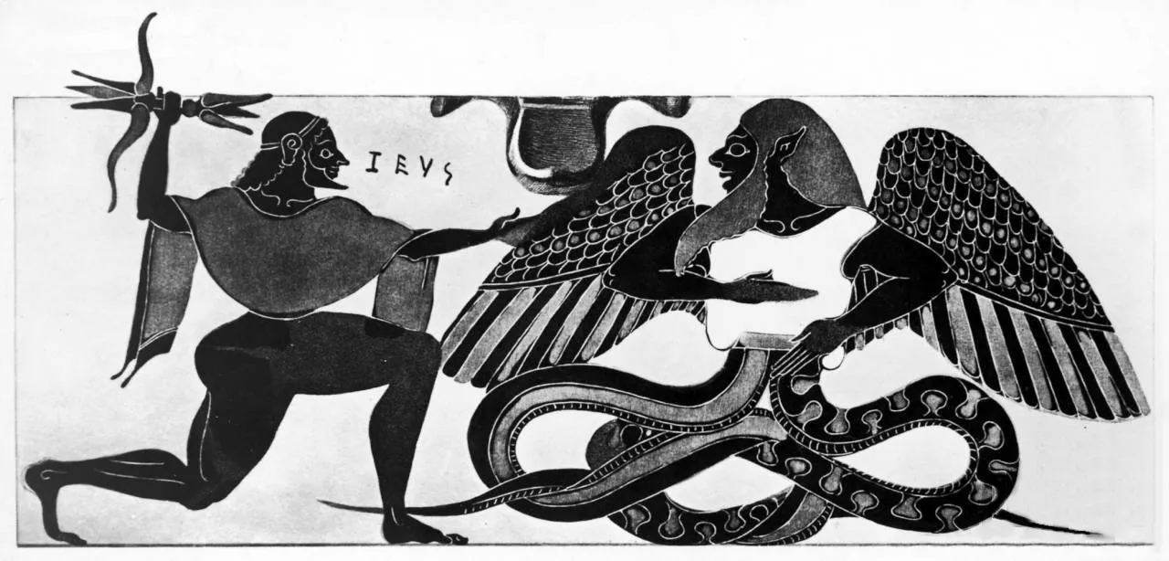 Line drawing of a Greek black-figure vase scene: Zeus, thunderbolt raised and named in Greek letters, striding against the winged, twin-serpent-tailed monster Typhon.