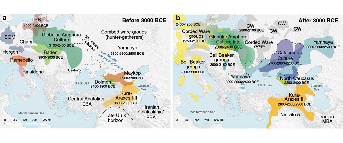 Two side-by-side archaeological maps of Europe and the Near East, before and after 3000 BCE, with colored zones marking Yamnaya, Corded Ware, Bell Beaker and neighboring Bronze-Age cultures. 