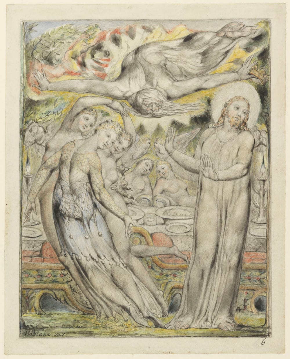 William Blake's watercolor of Christ, haloed and calm, holding up both hands to refuse a laden banquet table, while a dark winged tempter stretches horizontally across the sky above and richly dressed attendants gesture toward the food.