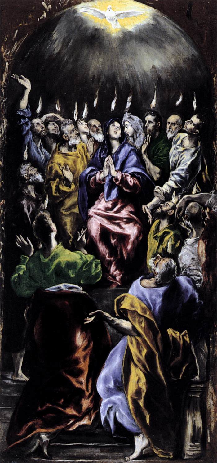 El Greco's vertical Pentecost, with a dove in a burst of golden light at the top and small flames descending on the Virgin and apostles below, who raise their arms and gaze upward in a darkened space.