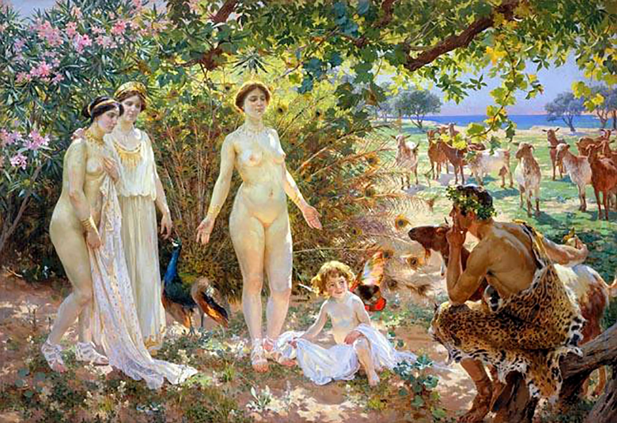 El Juicio de Paris by Simonet, c. 1904. A nude Aphrodite is judged by Paris while Hera and Athena look on.