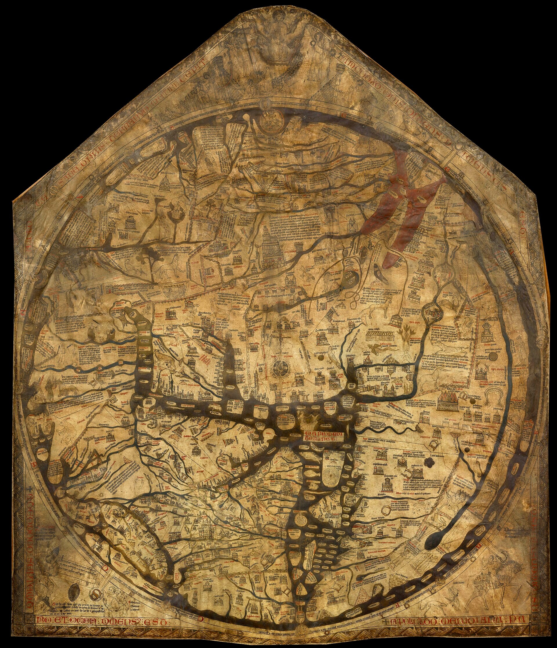 Medieval circular world map on vellum, densely illustrated, with Jerusalem at the center and east at the top.
