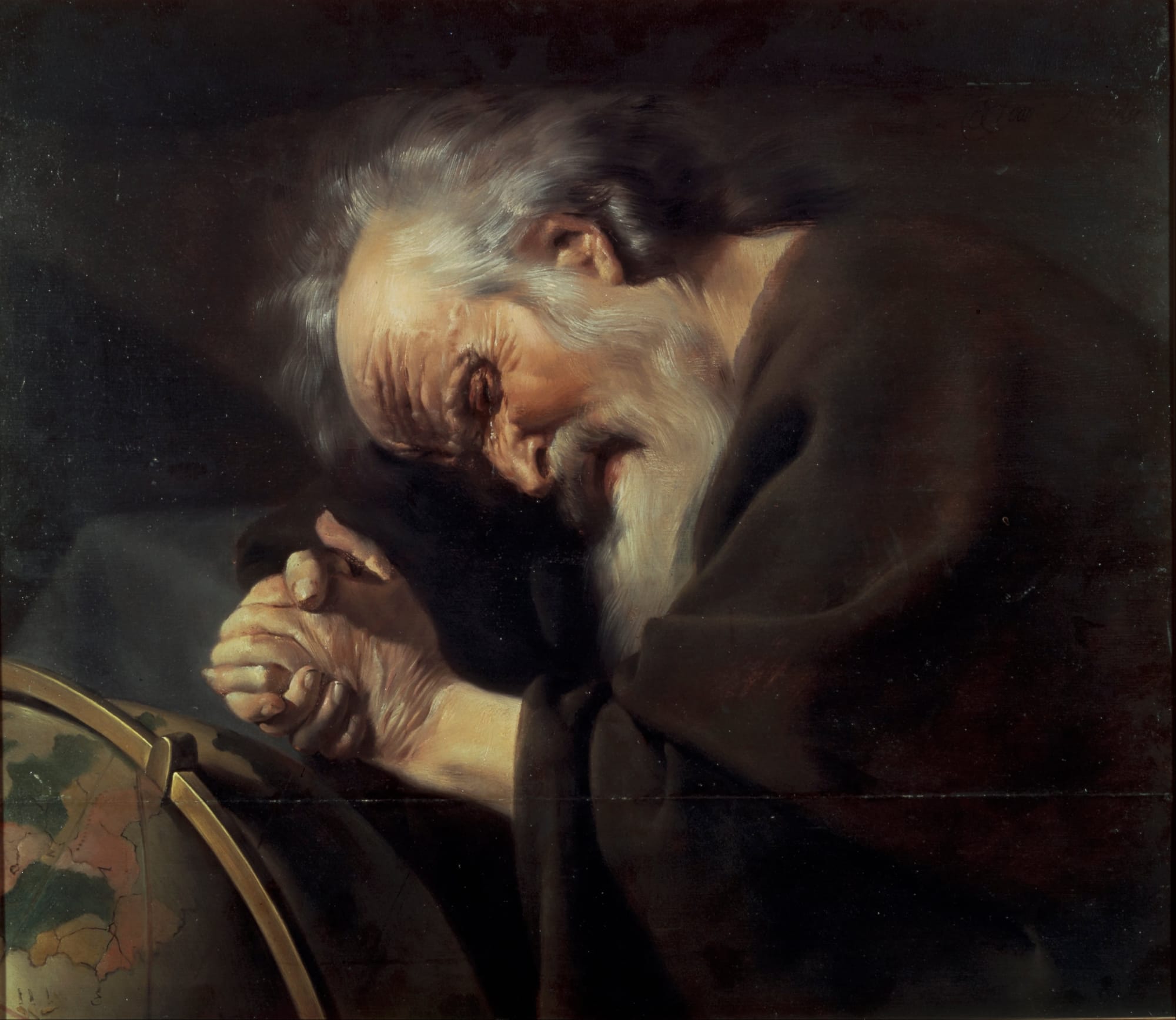 Baroque painting of Heraclitus as an aged, white-bearded man in shadow, head bowed onto his clasped hands, leaning over a terrestrial globe.