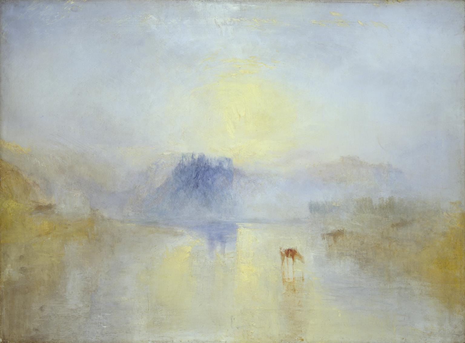 A late Turner in which pale water, mist, and sky blur together in golden light, a faint blue castle dissolving at the center, the horizon barely distinguishable.