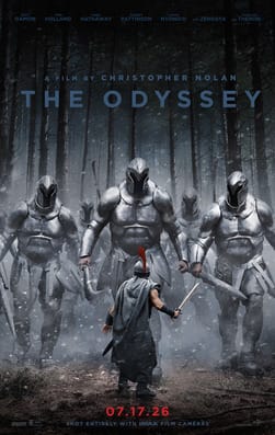 The theatrical poster for Nolan's Odyssey, complete with giants in steel armor. 