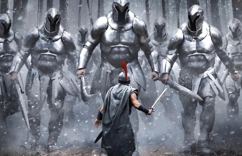 Giant, plate-armor clad Laestrygonians charge Odysseus.