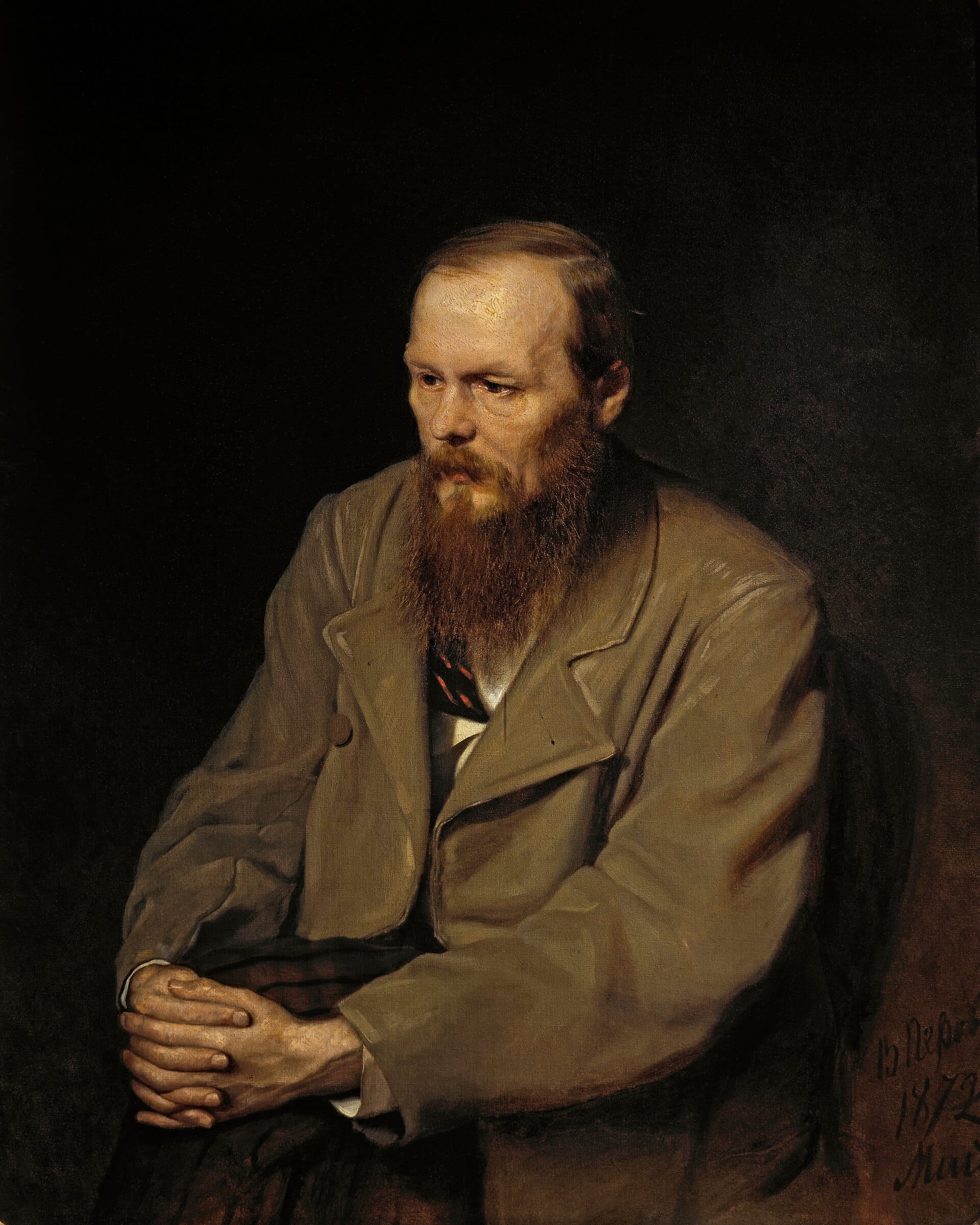 Perov's painted portrait of Dostoevsky seated, hands clasped around his knee, in a dark coat against a dark background.