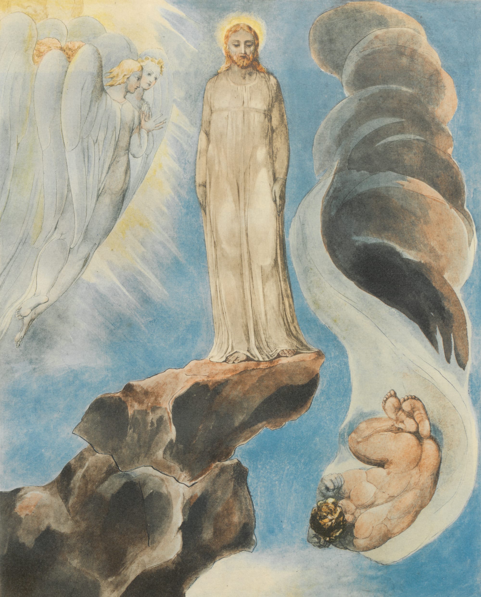 Blake's watercolor of Christ standing serenely atop the temple pinnacle with arms spread while Satan falls headlong below him.