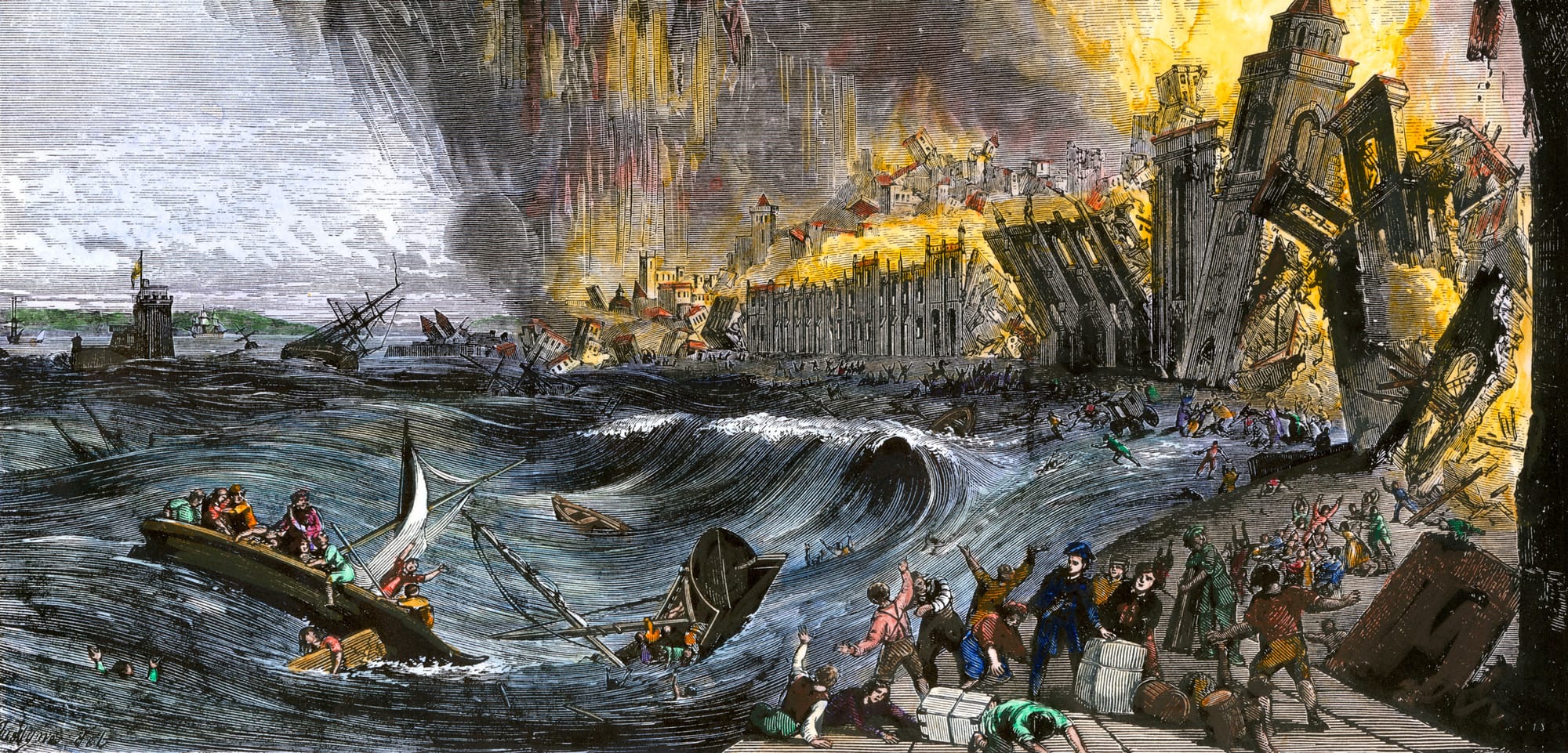 Hand-colored engraving of the 1755 Lisbon disaster, with a great wave swamping crowded boats in the foreground, people fleeing along a quay, and the city behind collapsing into ruins under a sky of smoke and fire.