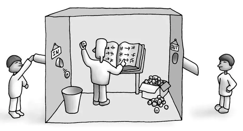 Wikicommons illustration of the Chinese room, showing the man using the book to translate Chinese symbols.