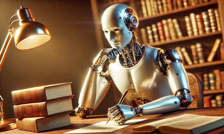 An AI generated "artwork" of a robot in a library.