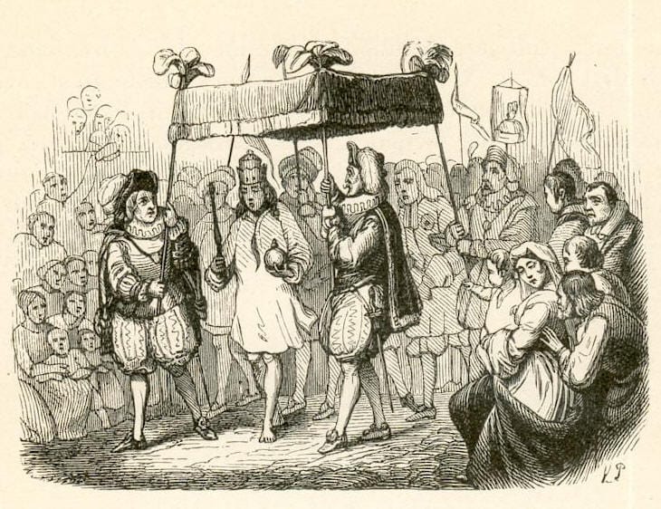 A nineteenth-century wood engraving: an emperor walks in procession in his underclothes, attended by courtiers, while a crowd watches.