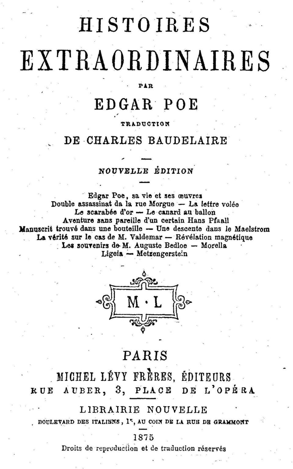 The title page of an 1856 French book reading "Histoires extraordinaires par Edgar Poe, traduction de Charles Baudelaire," with the Paris publisher's imprint below.
