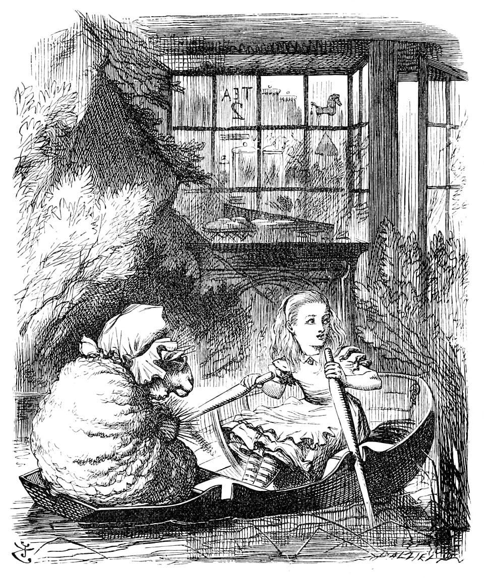 A Victorian engraving: Alice stands at the counter of a small, cluttered shop while an old sheep in spectacles and a shawl sits behind it, knitting with many needles.