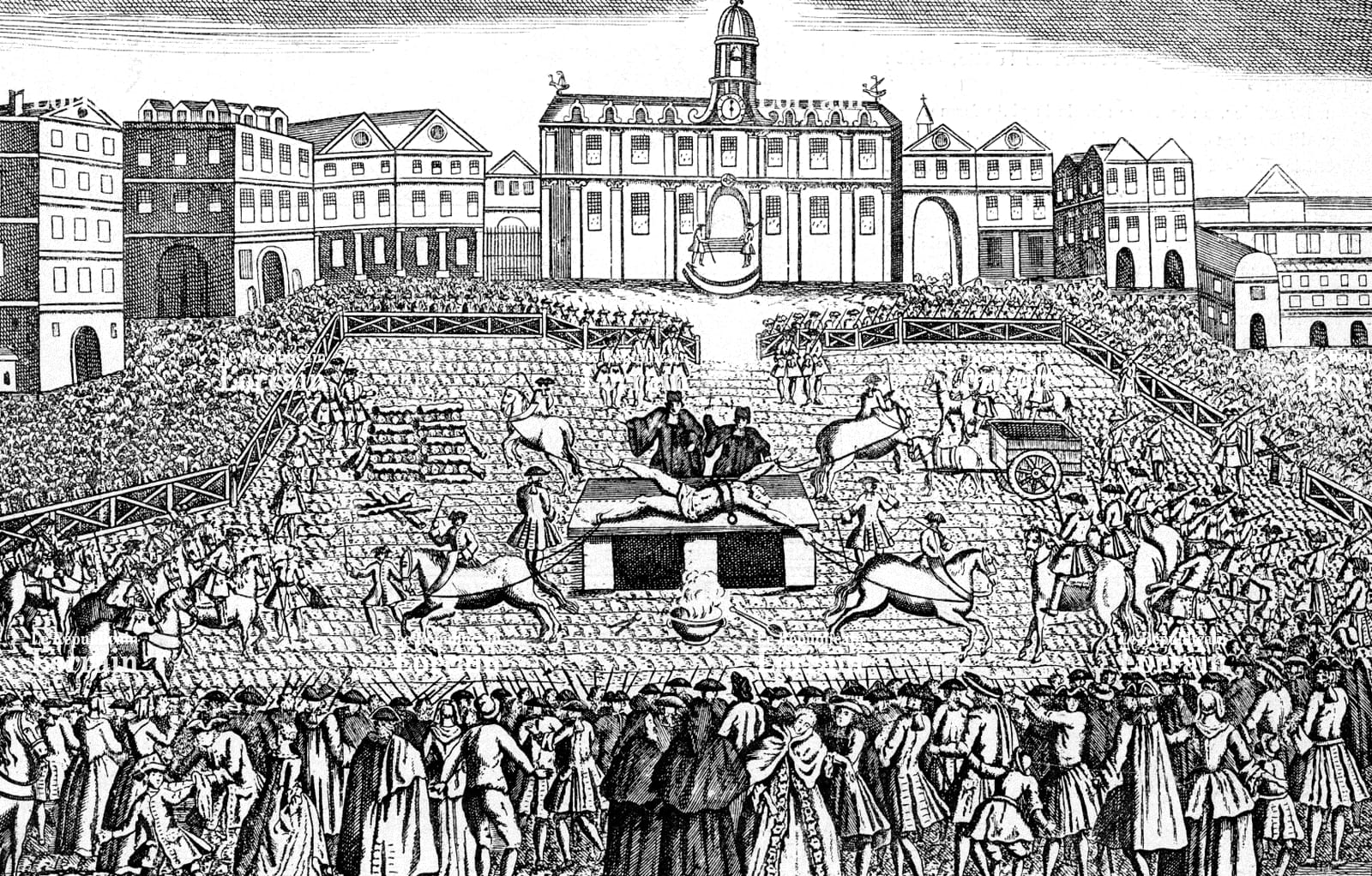 A public-domain engraving of the execution of Damiens, Place de Grève, 1757.