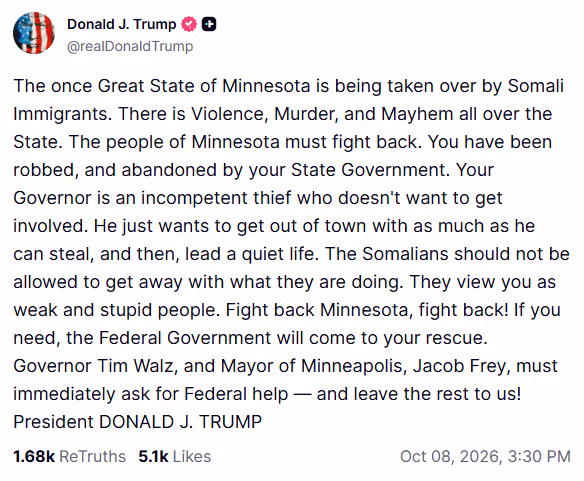 Screenshot of Donald Trump’s October 8, 2026 Truth Social post urging Minnesotans to fight back against Somali immigrants.