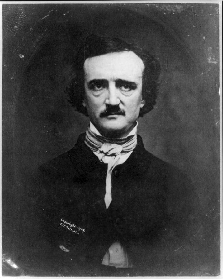 A daguerreotype portrait of Edgar Allan Poe: a pale man with dark, untidy hair and a mustache, in a dark coat and loose cravat, looking straight at the camera.