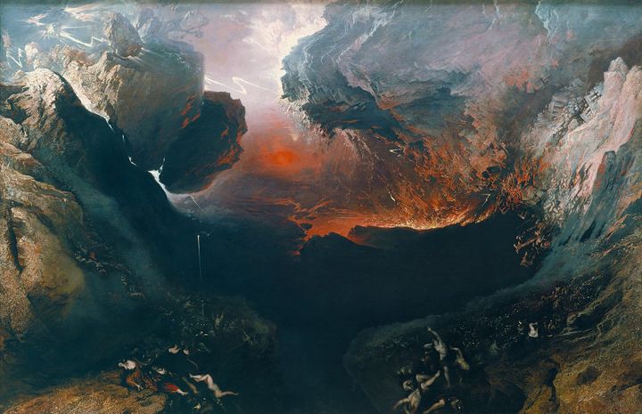 Vast oil painting of an apocalyptic landscape, with shattered cliffs collapsing inward.