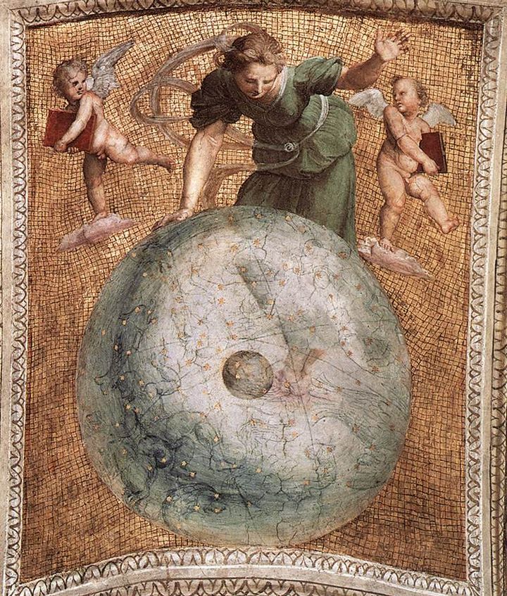 A Renaissance fresco: a green-robed figure leans over a large translucent celestial globe spangled with stars and constellations