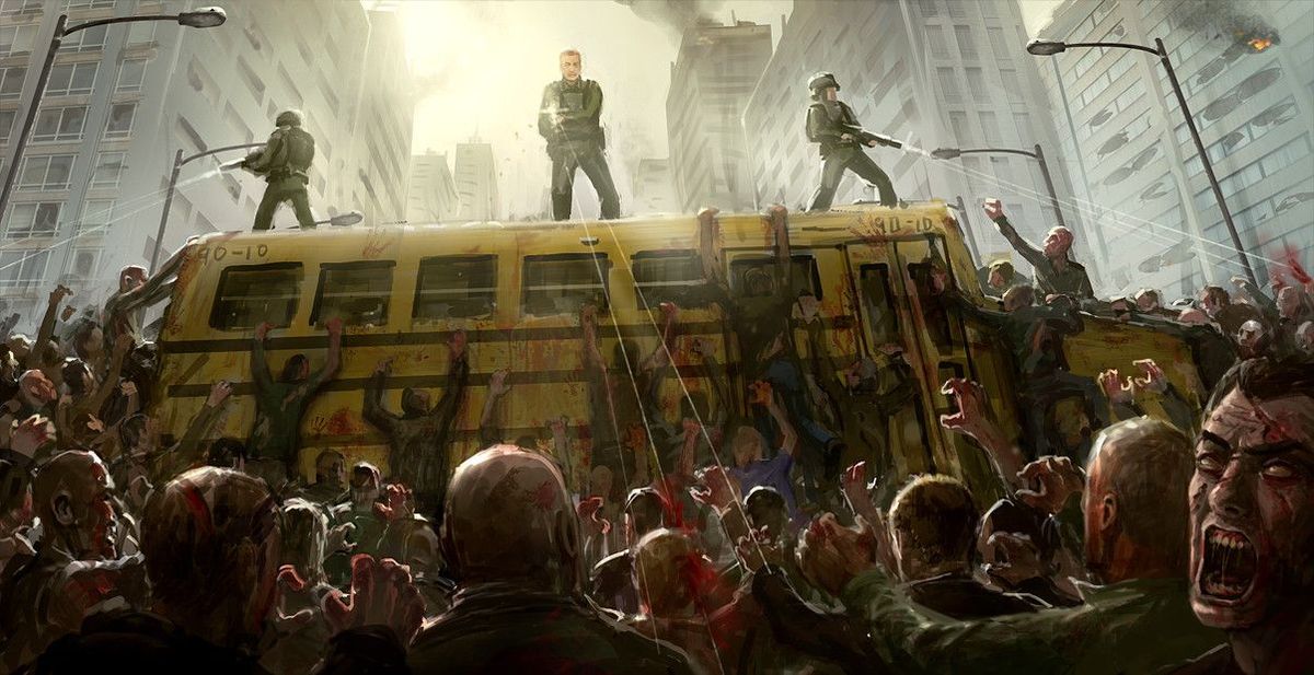 Soldiers on a bus shooting zombies