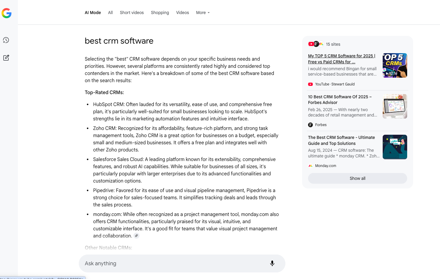 Example of AI Mode for the query "best CRM software"
