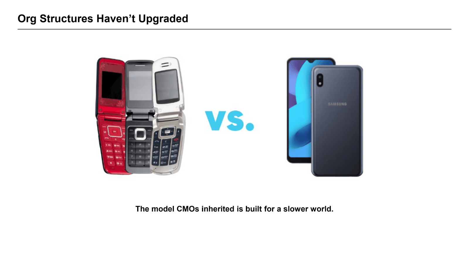 Slide titled "Org Structures Haven't Upgraded" showing three flip phones on the left versus a modern Samsung smartphone on the right, separated by the word "VS." in bold blue text. A caption beneath reads: "The model CMOs inherited is built for a slower world."