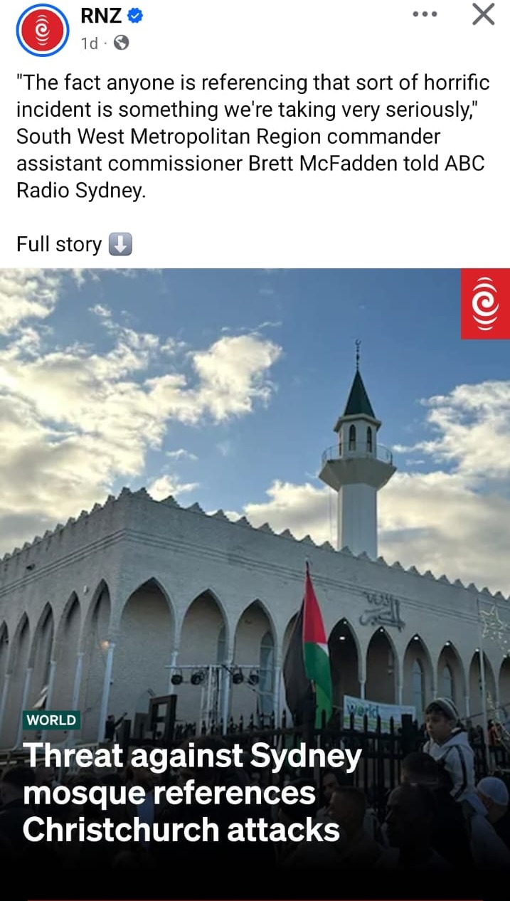 A screenshot of an RNZ article about Islamophobic threats in Sydney with a Palestinian flag prominently pictured.