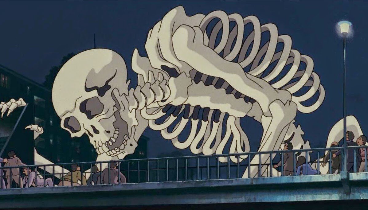 A scene from Pom Poko in which a giant skeleton terrorises humans