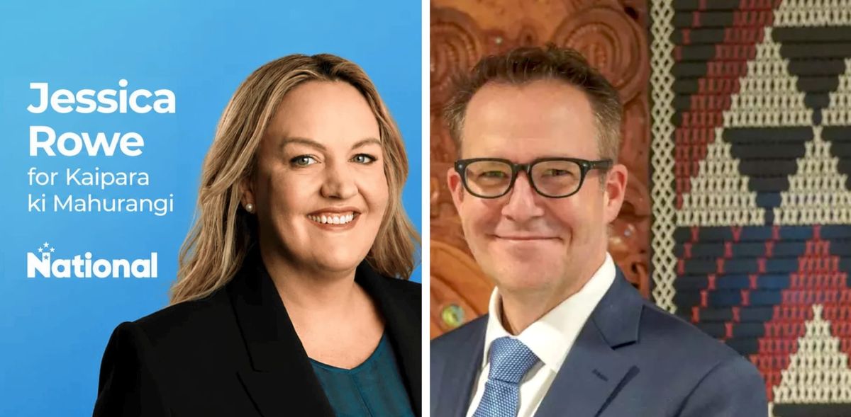 National candidate Jessica Rowe for Kaipara ki Mahurangi on the left and her 'politically neutral' spouse Ben King on the right