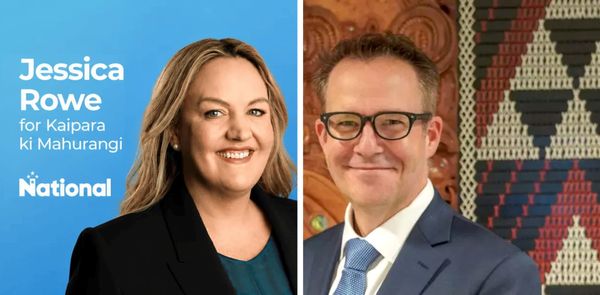 National candidate Jessica Rowe for Kaipara ki Mahurangi on the left and her 'politically neutral' spouse Ben King on the right