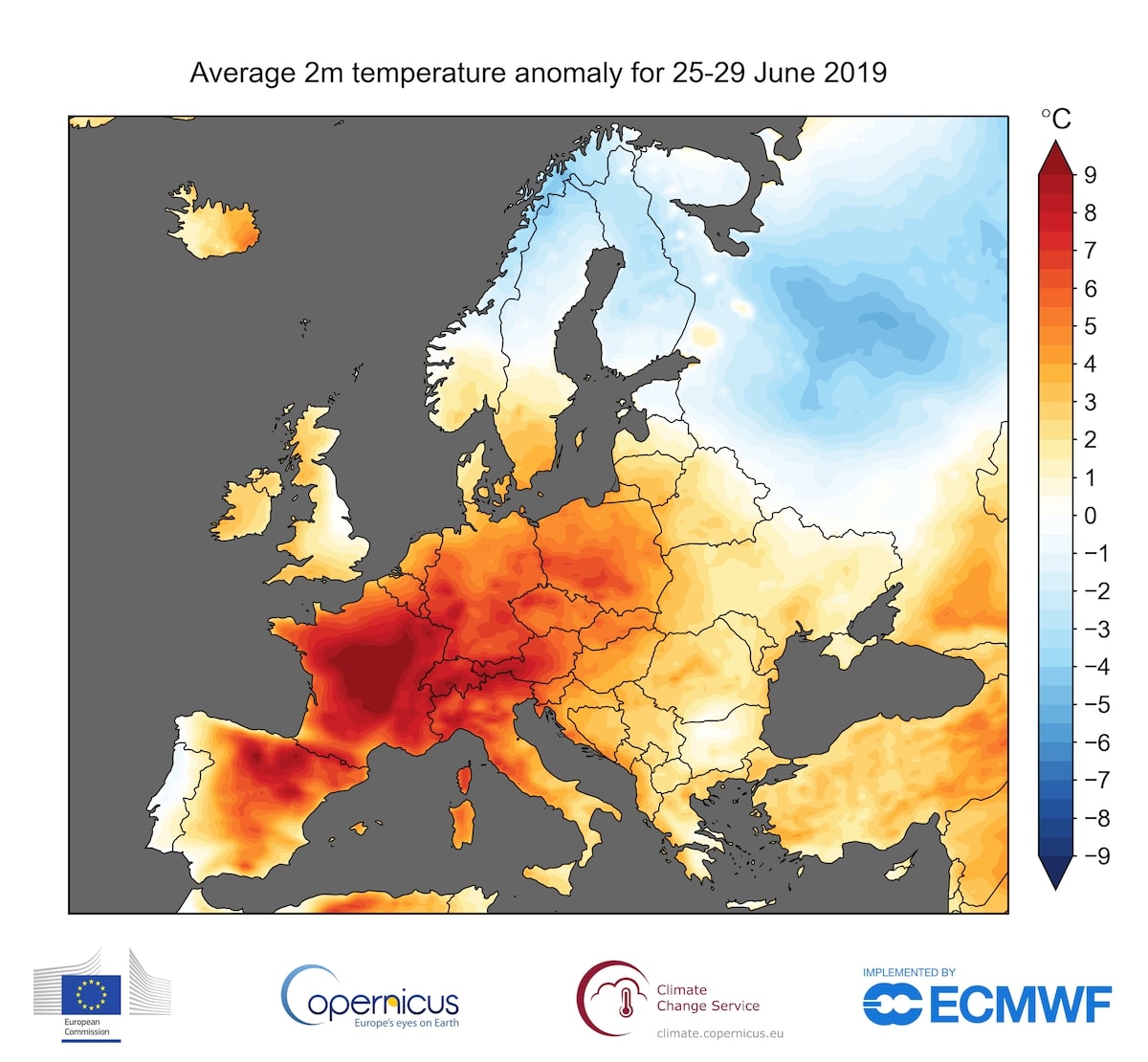 carte hausse temperatures europe juin 2019