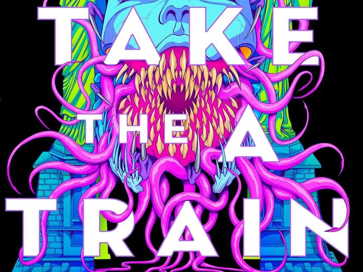 A cut out of the cover for The Dead Take the A Train that reads "The A Train" in front of a demon mouth.