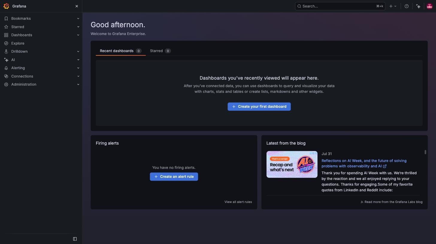 Grafana Enterprise home page after first login with no dashboards yet