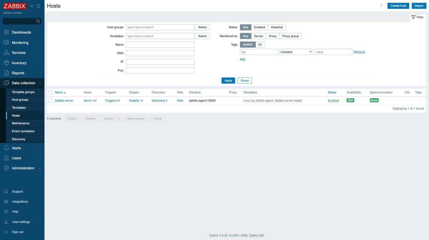 Zabbix Hosts page showing the Zabbix server host with interface zabbix-agent port 10050 and a green ZBX availability tag