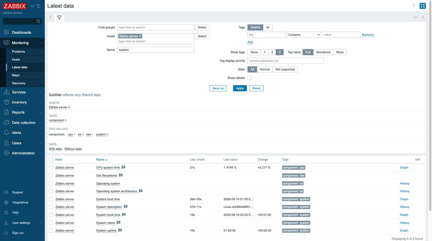 Zabbix Latest data page listing CPU system time, boot time, uptime and other collected values