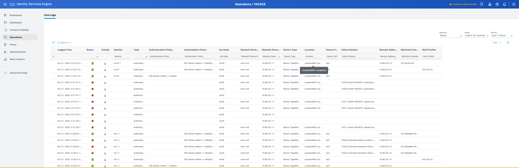 TACACS Live Logs showing passing na-01 and hd-11 sessions, the hd-11 command denials and the shared secret failures