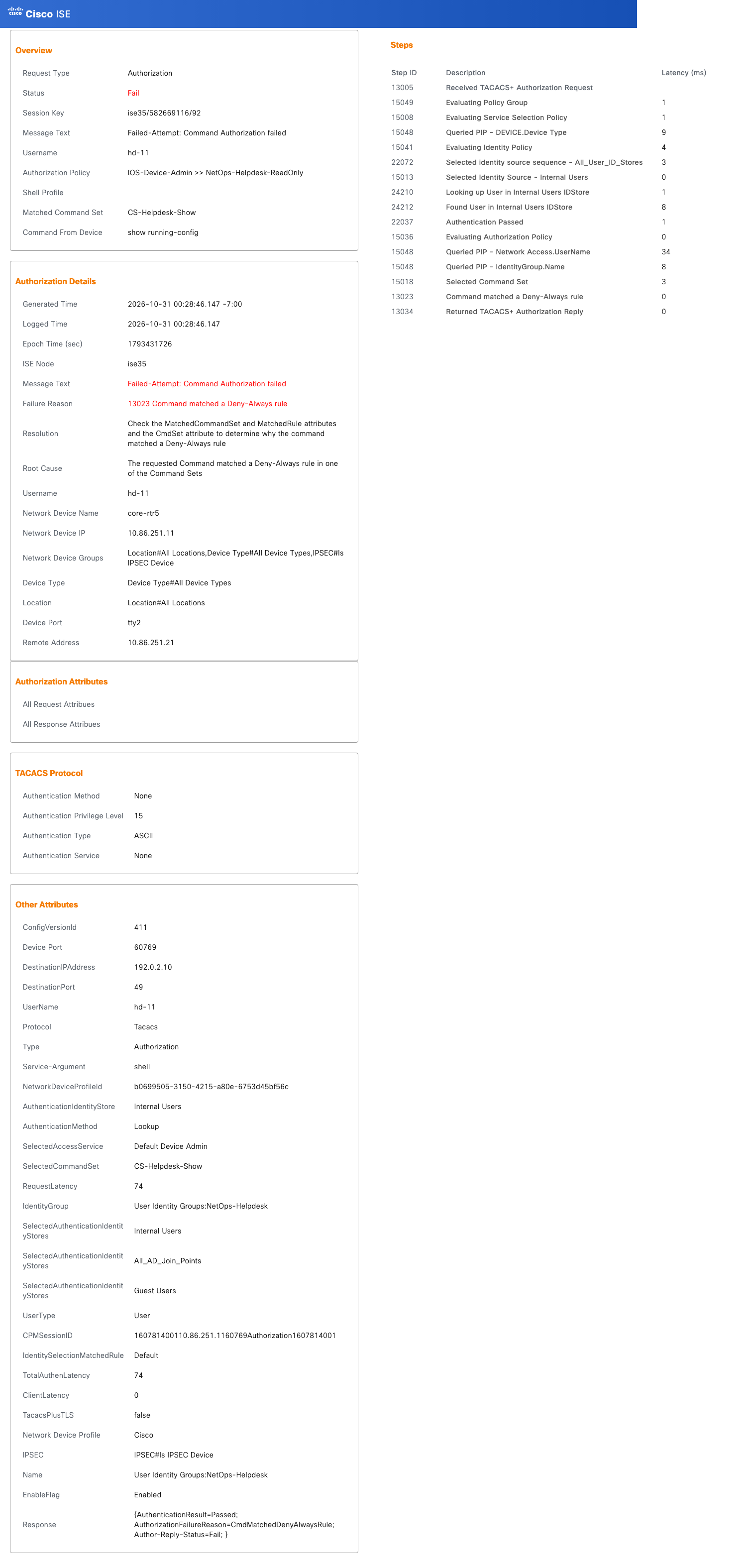 TACACS authorization detail for hd-11: 13023 Command matched a Deny-Always rule for show running-config, command set CS-Helpdesk-Show
